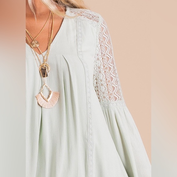 light/sage green boho dress - medium, mini, bell sleeve, boho, sundress - Picture 3 of 10